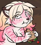 Rating: s
ID: 5377426
Date: 2025-02-16 14:05:17 -0500
Status: active
Score: 16
anthro blonde_hair brown_nose can't_enjoy cheek_tuft facial_tuft felid female food fur gradient_hair hair holding_food holding_object holding_sandwich krystal_can't_enjoy_her_sandwich looking_at_viewer mammal marzipan_(tiggybloom) meme multicolored_hair pantherine pink_body pink_fur pink_hair sandwich_(food) simple_background simple_eyes solo striped_arms tiger tiggybloom tuft two_tone_hair white_body white_fur post #5377426