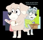 Rating: s
ID: 4857604
Date: 2024-06-16 15:28:41 -0400
Status: active
Score: 25
alpha_channel anthro bluey_(series) bottomless box canid canine canis cardboard cardboard_box chemist_employee_(bluey) chest_tuft clothed clothing container dialogue dm29 domestic_dog duo english_text female fur gloves_(marking) grey_body grey_fur hunting_dog leg_markings lipstick lipstick_on_arm lipstick_on_body makeup male mammal markings name_tag purse shirt shirt_only socks_(marking) surprised_expression terrier terrier_mum_(bluey) text topwear topwear_only tuft uniform white_body white_fur post #4857604