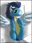 Rating: s
ID: 190326
Date: 2012-01-23 17:26:21 -0500
Status: active
Score: 7
3:4 bed bedding big_eyes blanket blue_body blue_feathers clothed clothing equid equine eyewear eyewear_on_head feathered_wings feathers feral friendship_is_magic fully_clothed furniture goggles goggles_on_head green_eyes hasbro hi_res inside jumpsuit lying male mammal my_little_pony mythological_creature mythological_equine mythology on_back on_bed pegasus pillow skipsy smile soarin_(mlp) solo spread_wings tail tail_between_legs toony wing_boner wings wonderbolts_(mlp) post #190326