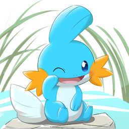 1:1 2021 3_fingers 4_toes ambiguous_gender blue_body blue_eyes blush blush_lines daww feet feral fin fingers full-length_portrait generation_3_pokemon gesture grass head_fin hello hi_res icon kimono_kemono looking_at_viewer mudkip nintendo on_model on_rock one_eye_closed open_mouth open_smile outside paws plant pokemon pokemon_(species) portrait raised_paw rock shaded sitting sitting_on_rock smile smiling_at_viewer solo tail tail_fin toes tongue toony water waving waving_at_viewer wink winking_at_viewer