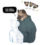 Rating: s
ID: 5552625
Date: 2025-05-06 09:18:24 -0400
Status: active
Score: 79
amber_eyes anthro black_nose brown_body brown_fur clothed clothing do72k duo_focus english_text facial_scar fur green_eyes group hard_translated hi_res hoodie human hyena kemono male male/male mammal markings military mobian_(do72k) moroca notched_ear pupils scar simple_background size_difference slit_pupils smell spots spotted_body spotted_fur spotted_hyena standing_behind surprise tanshi text third-party_edit topwear translated translation_edit translucent post #5552625