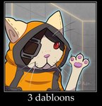 Rating: s
ID: 5592462
Date: 2025-05-23 09:48:54 -0400
Status: active
Score: 34
2025 3_fingers :3 ambiguous_gender arc_system_works artist_name beastkin blazblue boke_(artist) caption claws clothed clothed_feral clothing dabloons_(meme) digital_media_(artwork) eye_patch eyewear felid feline feral fingers glowing hi_res hoodie humor inside jubei_(blazblue) looking_at_viewer mammal meme number pawpads paws pink_nose pink_pawpads pupils raised_paw red_eyes slit_pupils solo text topwear whiskers post #5592462