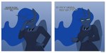 Rating: s
ID: 5172200
Date: 2024-11-10 05:19:11 -0500
Status: active
Score: 58
2_panel_comic :i absurd_res anthro blue_eyes blue_hair blush clothing comic dialogue dress english_text equid equine facepalm female friendship_is_magic hair hand_on_hip hasbro hi_res horn jewelry kirasunnight looking_at_viewer mammal my_little_pony mythological_creature mythological_equine mythology necklace princess_luna_(mlp) solo text two_panel_image winged_unicorn wings post #5172200