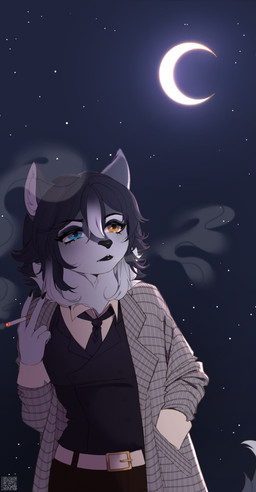 Rating: s
ID: 5675534
Date: 2025-06-29 13:59:32 -0400
Status: active
Score: 5
absurd_res anthro artist_name black_hair black_nose blue_eyes canid canine cigarette clothed clothing eyelashes female fur glistening glistening_eyes grey_body grey_fur hair half-length_portrait heterochromia hi_res holding_cigarette holding_object mammal orange_eyes portrait qr_code smoke solo sonyan standing text white_body white_fur white_hair post #5675534