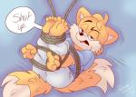 Rating: s
ID: 1145543
Date: 2017-02-22 15:54:45 -0500
Status: active
Score: 13
anthro barefoot biped bound canid canine clothed clothing dialogue english_text feet fox front_view fully_bound fully_clothed hi_res legs_tied legs_together legs_up lying male mammal miles_prower multi_tail on_back open_mouth plantigrade roarey_raccoon sega shirt signature simple_background solo sonic_the_hedgehog_(series) submissive submissive_male t-shirt tail talking_to_viewer text topwear unimpressed post #1145543