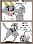 Rating: s
ID: 5596409
Date: 2025-05-25 00:19:21 -0400
Status: active
Score: 121
2025 2_panel_comic 5_fingers anthro antlers blue_eyes bodily_fluids bovid buckteeth butler_(pseudoregalia) button_(fastener) caprine clothed clothing comic dialogue dot_eyes english_text female feral fingers fur goat grey_body grey_fur group gun hi_res holding_object holding_weapon horn jackalope lagomorph long_ears male male/female mammal meeart117 open_mouth pseudoregalia ranged_weapon scared simple_background simple_eyes speech_bubble sweat sybil_(pseudoregalia) tail tears teeth text thumping_foot trio tuxedo_vest weapon white_background post #5596409