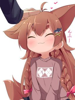 2019 accessory ahoge animal_humanoid blush braided_hair brown_hair canid canid_humanoid canine canine_humanoid child clothed clothing duo eyes_closed female fox_humanoid hair hair_accessory hairclip headpat heart_symbol hi_res humanoid japanese_text makuran mammal mammal_humanoid momiji_(makuran) petting simple_background smile solo_focus text translated white_background young