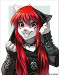 Rating: s
ID: 554557
Date: 2014-11-05 12:06:08 -0500
Status: active
Score: 829
2014 alternative_fashion anthro arm_warmers armwear buckle choker chromatic_aberration clothed clothing collar domestic_cat ear_piercing felid feline felis female fur goth hair happy heartagram hood jewelry lol_comments long_hair looking_at_viewer mammal markings melloque metal necklace piercing pink_nose punk pupils red_eyes red_hair red_markings red_pupils seelena_zorn_(iskra) simple_background smile solo spiked_collar spikes teeth white_background white_body white_fur zipper post #554557