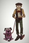 apple_inc. beagle black_ears black_eyebrows black_eyes black_nose black_spots bottomwear bow_tie canid canine canis cartoon_network cellphone clothed clothing collar collar_only courage_the_cowardly_dog courage_the_cowardly_dog_(character) domestic_dog domestic_pet duo elderly elderly_human electronics eustace_bagge eyebrows eyewear feral footwear fur glasses grey_background happy hat headgear headwear holding_leash holding_object human hunting_dog iphone leash looking_at_another looking_at_viewer looking_up male mammal markings mossa nude owner pants phone pink_body pink_fur scent_hound shirt shoes simple_background smartphone smile socks spots spotted_body spotted_fur spotted_markings thick_eyebrows topwear walking white_background wrinkles