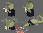 Rating: s
ID: 4285348
Date: 2023-09-11 00:50:05 -0400
Status: active
Score: 186
alligator alligatorid animal_instincts anthro benji_(artist) benji_alligator_(benji) bite blush braces clothing crocodilian death_roll eating food hi_res humor male reptile sandwich_(food) scalie semi-anthro shirt solo tail tailbutt topwear wide_crotch post #4285348