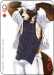 Rating: s
ID: 1589138
Date: 2018-07-03 19:01:44 -0400
Status: active
Score: 23
2018 abs anthro apron bottomwear brown_body brown_fur canid canine card card_template chef chef_hat clothed clothing copyright_symbol diamonds_(suit) digital_media_(artwork) english_text fonyaa fur green_eyes hair hat headgear headwear looking_at_viewer male mammal muscular muscular_anthro muscular_male nine_of_diamonds nipples pants pecs playing_card playing_card_template raccoon_dog shirt simple_background smile solo standing suit_symbol symbol tanuki tanukiami text topwear post #1589138