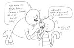 Rating: s
ID: 5607798
Date: 2025-05-29 20:13:13 -0400
Status: active
Score: 3
2025 anthro big_jim_(dog_man) blush clothing dialogue dog_man_(series) domestic_cat duo english_text eyewear felid feline felis glasses grampa_(dog_man) hi_res male mammal open_mouth overweight shirt simple_background smile teddyclowns text topwear white_background post #5607798