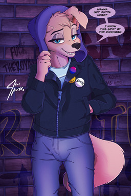 Rating: s
ID: 5668578
Date: 2025-06-26 07:49:59 -0400
Status: active
Score: 22
angel_(lady_and_the_tramp) anthro blue_eyes bottomwear brick_wall canid canine clothing denim denim_bottomwear denim_clothing dialogue disney female hoodie jace_apollo jacket jeans lady_and_the_tramp leather leather_clothing leather_jacket leather_topwear looking_at_viewer mammal metallica pants seductive solo topwear wall_(structure) post #5668578