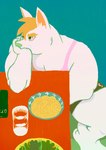 Rating: s
ID: 5643386
Date: 2025-06-15 04:03:20 -0400
Status: active
Score: 3
abs anthro blonde_hair blue_background boarboy bottomwear bowl canid canine canis clothing container domestic_dog food glass hair hi_res leaf leaning_on_table male mammal noodles orange_inner_ear pink_eyes salad shirt shorts simple_background sitting solo tank_top topwear water white_body post #5643386