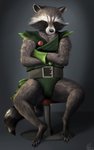 Rating: s
ID: 2197815
Date: 2020-03-30 20:36:46 -0400
Status: active
Score: 21
5:8 belt brown_body brown_eyes brown_fur claws clothing conditional_dnp crossed_arms emptyset fur green_clothing grey_background guardians_of_the_galaxy hi_res male mammal markings marvel procyonid rocket_raccoon simple_background sitting solo striped_markings striped_tail stripes tail tail_markings toe_claws post #2197815