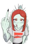 Rating: s
ID: 5655448
Date: 2025-06-20 11:04:22 -0400
Status: pending
Score: 2
5_fingers amber_eyes anthro biped black_bottomwear black_clothing black_pants blue_body blue_scales bone_frill bottomwear breasts clothed clothed_anthro clothed_female clothing collar colored elbow_feathers fang_(gvh) feathers female fingers frill_(anatomy) gesture goodbye_volcano_high grey_body grey_clothing grey_feathers grey_shirt grey_topwear hair hand_gesture hi_res high-angle_view humanoid_hands j-wan long_hair looking_at_viewer markings middle_finger non-mammal_breasts pants prehistoric_species pterodactylus pterosaur red_hair reptile scales scalie shaded shirt simple_background small_breasts solo spiked_collar spikes striped_markings stripes tongue tongue_out topwear white_background post #5655448