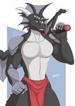 Rating: s
ID: 4993153
Date: 2024-08-18 01:25:19 -0400
Status: active
Score: 14
anthro black_body black_scales blue_eyes bottomwear clothing dragon grin hi_res holding_object holding_weapon loincloth looking_at_viewer male membrane_(anatomy) membranous_wings mythological_creature mythological_scalie mythology red_clothing scales scalie simple_background smile solo spinal22 weapon wings post #4993153