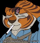 Rating: s
ID: 5570822
Date: 2025-05-14 00:07:50 -0400
Status: active
Score: 27
alpha_channel anthro cigarette dreamworks eyewear felid female glasses hayao_miyazaki_(character) hi_res humor joke kung_fu_panda mammal master_tigress maxim_theos meme pantherine solo text tiger tired_expression post #5570822