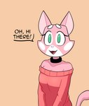 Rating: s
ID: 4892660
Date: 2024-07-02 14:34:09 -0400
Status: active
Score: 42
anthro black_text breasts cleavage clothed clothing collar dialogue english_text felid feline female fur green_eyes hitsuji looking_at_viewer mammal markings pink_body pink_ears pink_fur pink_tail shima_luan shoulderless_sweater solo super_planet_dolan tail text white_markings white_nose post #4892660
