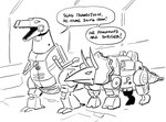 Rating: s
ID: 4934386
Date: 2024-07-21 22:03:46 -0400
Status: active
Score: 26
2024 all_fours anaugi anthro autobot black_and_white ceratopsian cybertronian dialogue dinobot_(species) dinosaur duo emblem english_text grimlock hasbro humor machine male monochrome open_mouth ornithischian prehistoric_species reptile robot robot_anthro scalie slag_(dinobot) speech_bubble standing tail takara_tomy text theropod trans_(lore) trans_woman_(lore) transformers triceratops tyrannosaurid tyrannosauroid tyrannosaurus tyrannosaurus_rex post #4934386