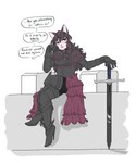 Rating: s
ID: 5020720
Date: 2024-08-31 00:18:01 -0400
Status: active
Score: 23
5:6 5_fingers anthro armor boots bottomwear brown_hair chainmail clothing colored commanding_viewer crossed_legs dialogue domestic_cat dominant dominant_female ellipsis eyelashes felid feline felis female fingers footwear front_view fur greaves hair head_on_hand hi_res high_heeled_boots high_heels holding_object holding_weapon insult insulting_viewer leaning_on_wall legwear looking_aside mammal melee_weapon mutedlavender open_mouth palisade pink_body pink_fur plate_armor purple_eyes question_mark red_clothing robin_(mutedlavender) shaded shadow shoes simple_background sitting skirt solo speech_bubble sword talking_to_viewer teeth text text_emphasis thigh_boots thigh_highs triangular_ears underlined_text weapon weapon_on_ground white_background post #5020720