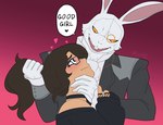 Rating: s
ID: 5618208
Date: 2025-06-03 08:50:20 -0400
Status: active
Score: 10
absurd_res anthro ascot black_clothing blush brown_hair buckteeth capcom choker clothing collared_shirt cravat demon devil_may_cry dialogue dress_shirt english_text eyewear female female_human fingerless_gloves fishnet_clothing fishnet_gloves fishnet_handwear formal_gloves fur glasses gloves gradient_background grey_clothing hair handwear heart_symbol hi_res holding_chin holding_hair holding_neck human interspecies jewelry lagomorph leporid lizielewddle_(character) looking_down looking_up male male/female male_anthro mammal monocle neck_tuft necklace open_mouth paeonypetals pink_background pulling_hair rabbit red_eyes scar shirt simple_background solo speech_bubble suit_jacket surgical_scar teeth text topwear touching_hair tuft wavy_mouth white_body white_clothing white_fur white_gloves white_handwear white_rabbit_(dmc) yellow_sclera post #5618208