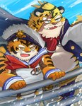 Rating: s
ID: 5629593
Date: 2025-06-08 19:44:53 -0400
Status: active
Score: 3
absurd_res admir_(crave_saga) ancestor_and_descendant_(lore) anthro arm_around_shoulders belly boom_(crave_saga) cape clothing crave_saga dagehot duo eyebrows facial_hair felid fur hi_res male male/male mammal orange_body orange_fur overweight pantherine sailor_uniform scar striped_body striped_fur stripes thick_eyebrows tiger young post #5629593