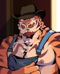 Rating: s
ID: 5437078
Date: 2025-03-16 12:17:06 -0400
Status: active
Score: 20
2023 absurd_res anthro arm_tuft biceps brown_hair clothing cowboy_hat eyes_closed facial_hair facial_tuft farmer felid goatee hair half-length_portrait hat headgear headwear hi_res male mammal manly muscular mustache naikuma neck_tuft nipples overalls pantherine pecs portrait shoulder_tuft smile solo striped_body stripes tiger tuft post #5437078