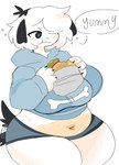 Rating: s
ID: 3107300
Date: 2022-01-05 08:50:49 -0500
Status: active
Score: 75
2021 :3 anthro belly big_belly big_breasts biped black_claws black_ears blue_bottomwear blue_clothing blue_hoodie blue_topwear bone bottomwear breasts burger canid canine canis claws clothed clothing curvy_figure digital_media_(artwork) domestic_dog eating eating_food english_text female female_anthro floppy_ears food fur hair hair_over_eye hi_res holding_burger holding_food holding_object hoodie huge_breasts kemono looking_at_food looking_at_object looking_pleasured mammal narrowed_eyes navel one_eye_obstructed overweight overweight_anthro overweight_female pepper_(puppkittyfan1) pink_belly portrait puppkittyfan1 shaded short_hair simple_background simple_shading slightly_chubby slightly_chubby_anthro slightly_chubby_female solo sparkles speech_bubble standing star_pupils tail tail_motion tailwag text thick_thighs three-quarter_portrait tomboy topwear tuft voluptuous white_background white_body white_fur white_hair post #3107300