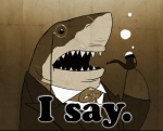anthro black_tie_(suit) bubble classy clothed clothing dialogue english_text eyewear fish formal great_white_shark i_say icon lol_comments mackerel_shark male marine meme monochrome monocle necktie open_mouth pipe reaction_image sepia shark smoking smoking_pipe solo suit teeth terribly_britfish terribly_british text tobacco_pipe underwater unknown_artist water white_shark
