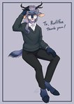 Rating: s
ID: 4610850
Date: 2024-02-20 00:15:32 -0500
Status: active
Score: 5
2024 anthro antlers azul_alexander blue_body blue_fur bottomwear clothing cloven_hooves collared_shirt deer digital_media_(artwork) dress_shirt fur grey_hair hair hands_in_hair hi_res hooves horn looking_at_viewer male mammal pants pink_nose ponytail purple_eyes scar shirt sitting smile solo sweater topwear w_tail_t white_body white_fur post #4610850
