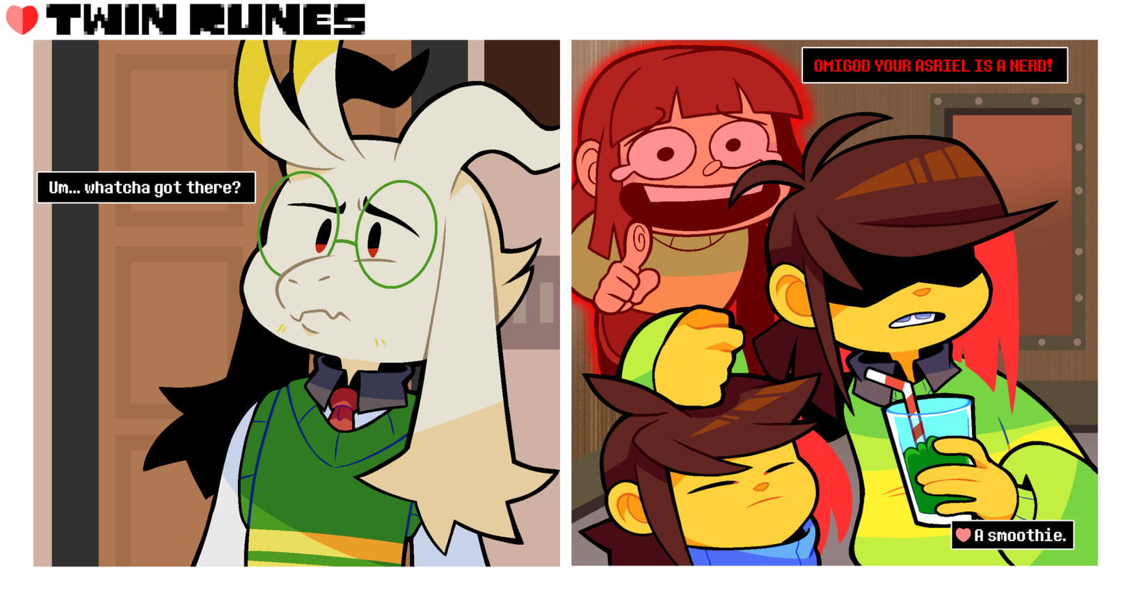 asriel dreemurr, chara, frisk, and kris (undertale (series) and etc) created by akanemnon