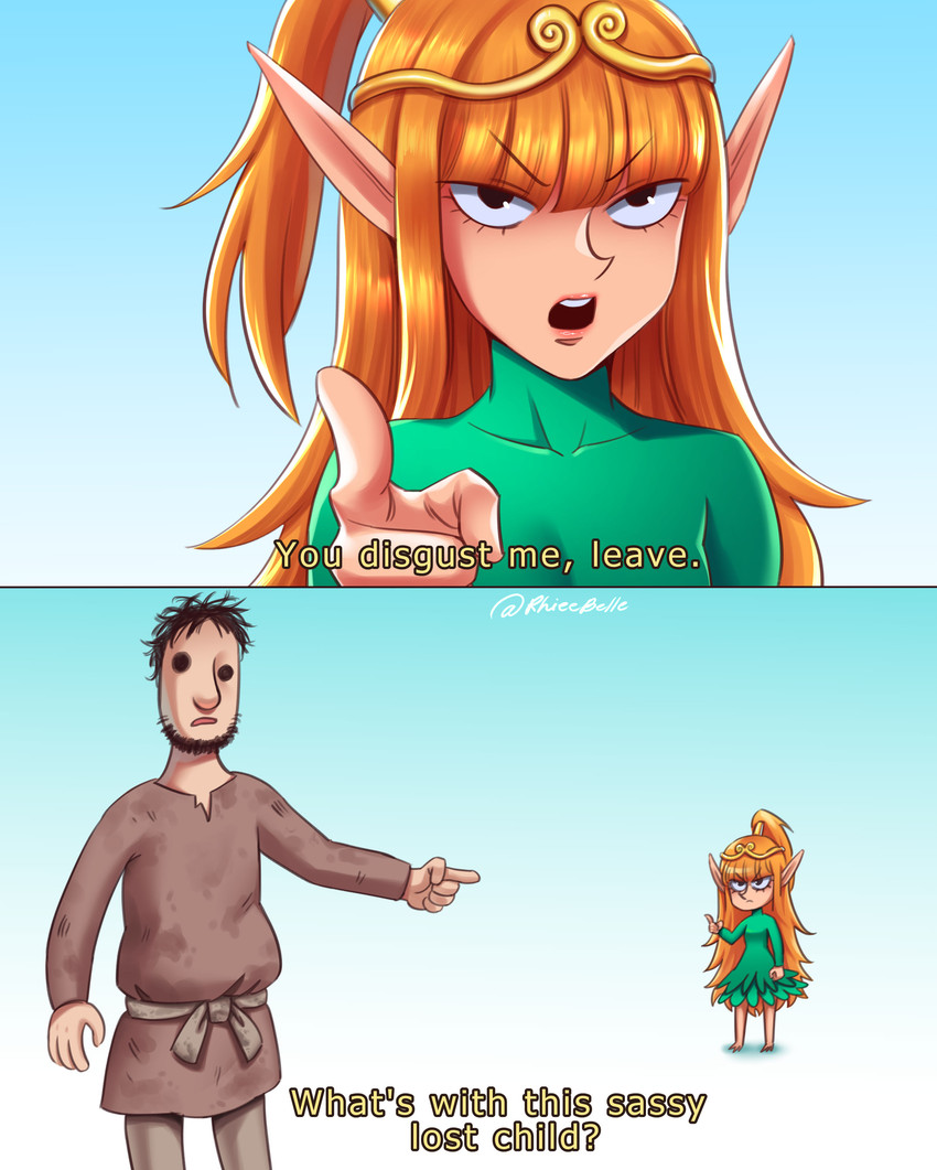elf and human (sassy lost child (meme) and etc) created by rhieebelle