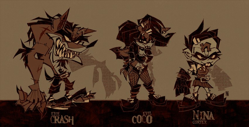 evil coco, evil crash, and nina cortex (crash bandicoot (series) and etc) created by austin hodge and distorted machine