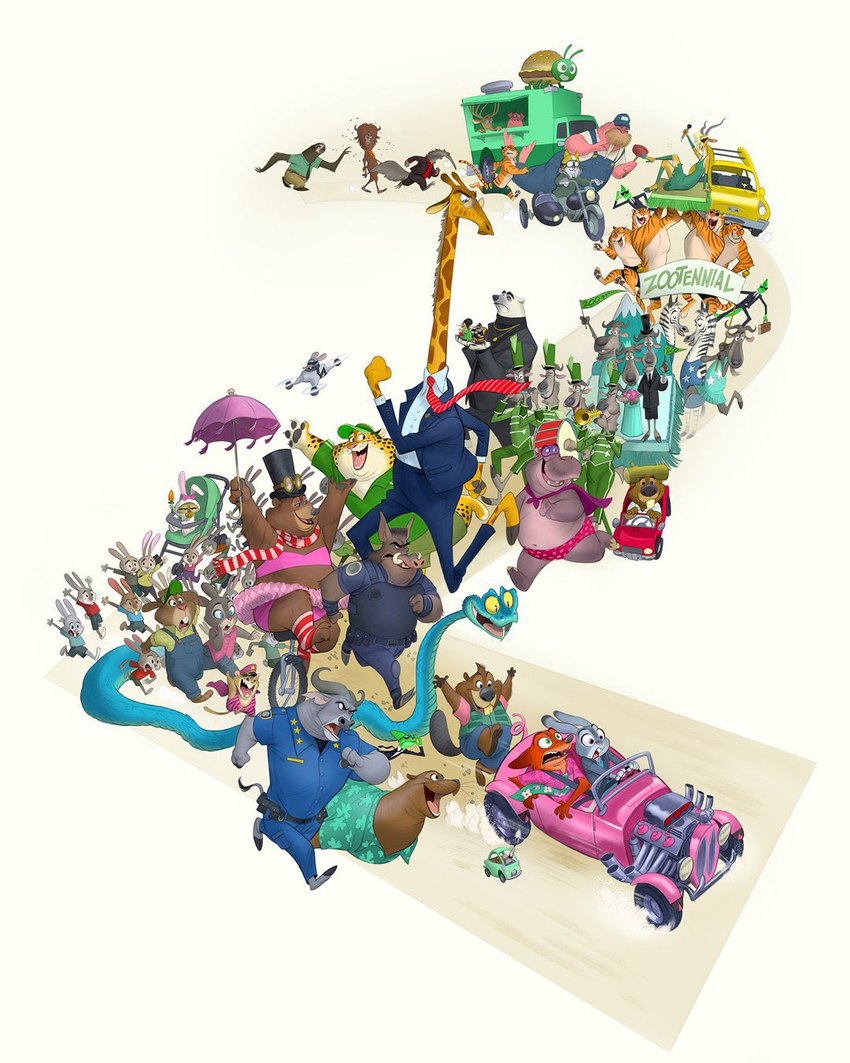tiger dancer, benjamin clawhauser, finnick, gazelle, mr. big, and etc (zootopia and etc) created by cory loftis