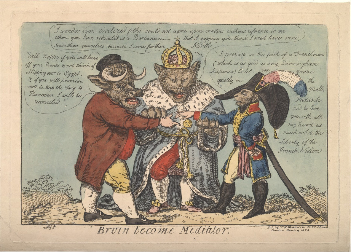 alexander i, john bull, napoleon bonaparte, and russian bear (public domain) created by isaac cruikshank