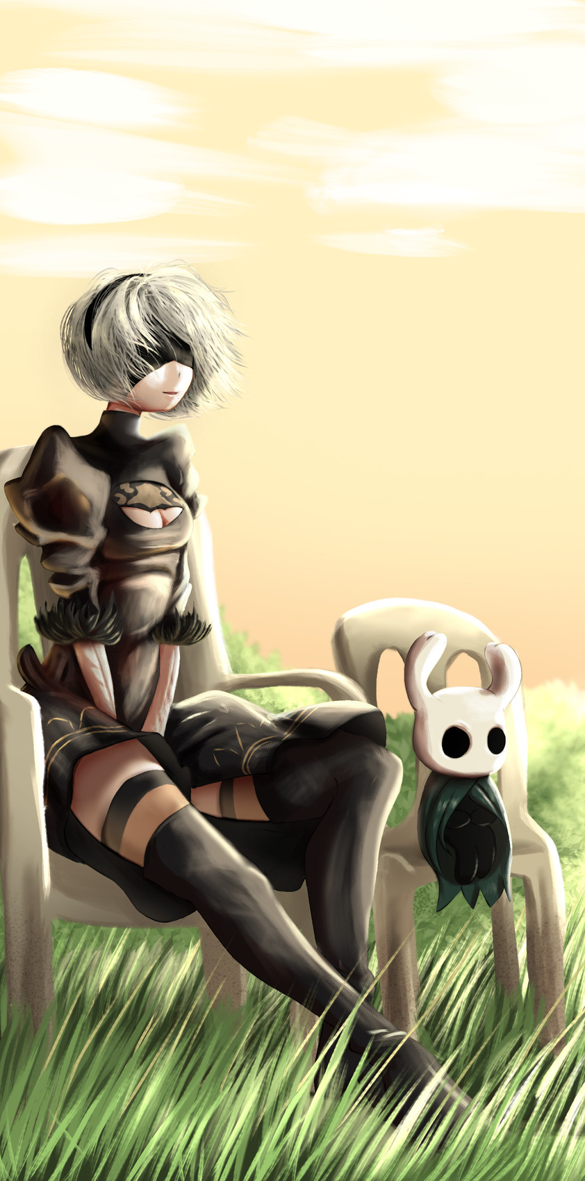 the knight and yorha 2b (hollow knight and etc) created by 15throbbie