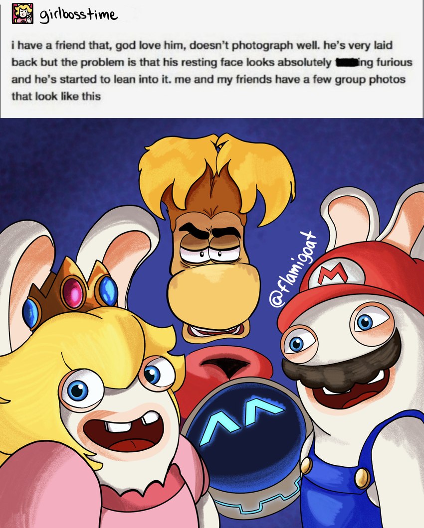 beep-0, rabbid mario, rabbid peach, and rayman (mario plus rabbids kingdom battle and etc) created by flamigoat