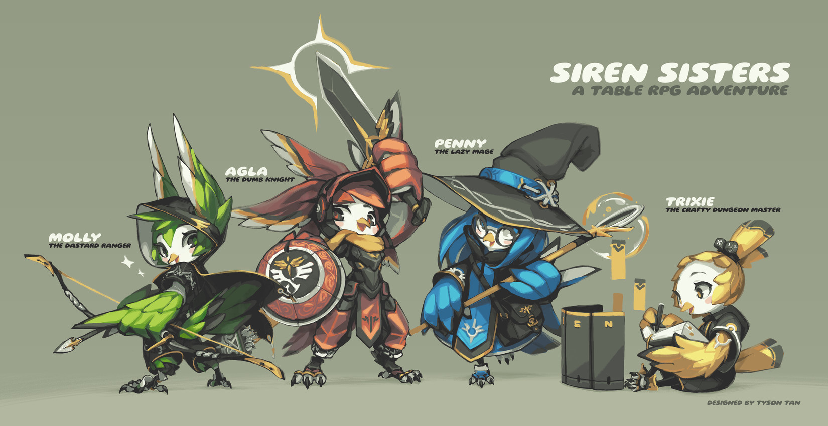 agla the siren, molly the siren, penny the siren, and trixie the siren (spirit animals in disguise) created by tyson tan