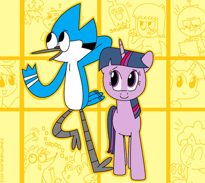 muscle man, mordecai, twilight sparkle, background character, rigby, and etc (friendship is magic and etc) created by jonathanelrod