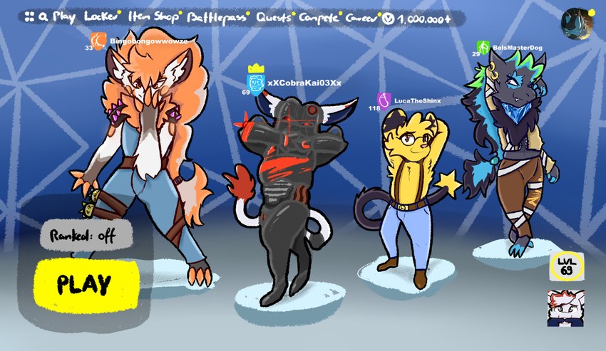 belu miranda, bino, kai mew-(character), and luca the shinx (jojo's bizarre adventure and etc) created by luca the shinx (artist)