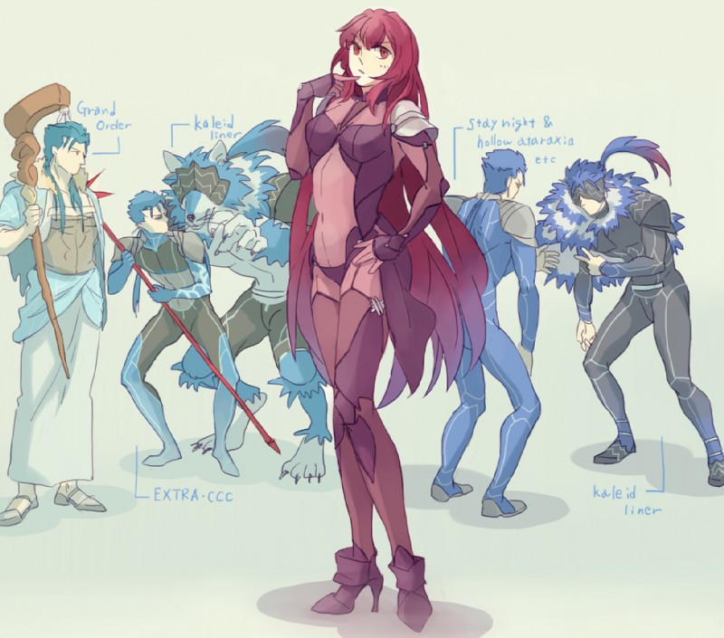 caster cu chulainn child of light, lancer cu chulainn child of light, and lancer scathach (fate (series) and etc) created by hiratashi