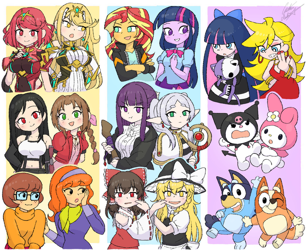 twilight sparkle, aerith gainsborough, sunset shimmer, mythra, pyra, and etc (panty and stocking with garterbelt and etc) created by chris-thekid