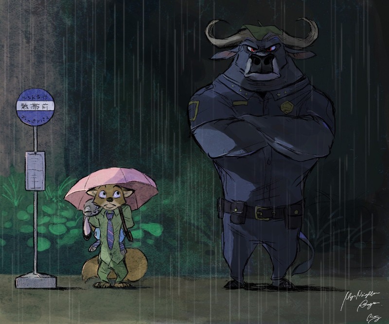 chief bogo, judy hopps, and nick wilde (my neighbor totoro and etc) created by naka 54