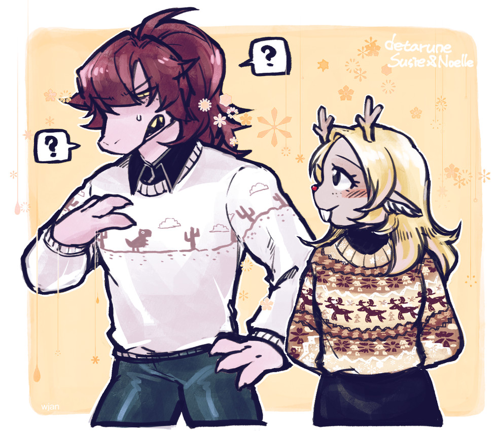 dinosaur, noelle holiday, and susie (undertale (series) and etc) created by whan
