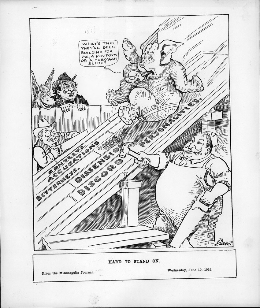 democrat donkey, republican elephant, theodore roosevelt, william bryan, and william howard taft (minneapolis journal and etc) created by charles bartholomew