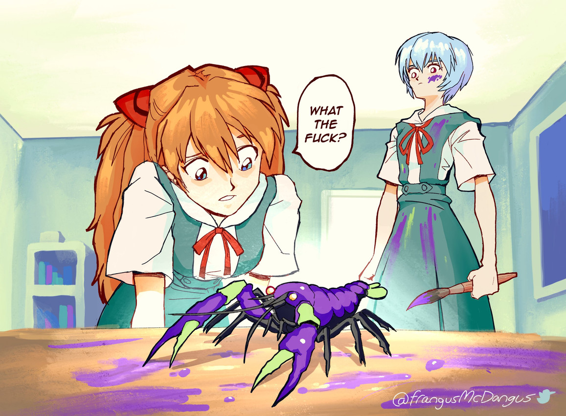 asuka langley soryu, eva unit 01, and rei ayanami (neon genesis evangelion) created by frangusmcdangus