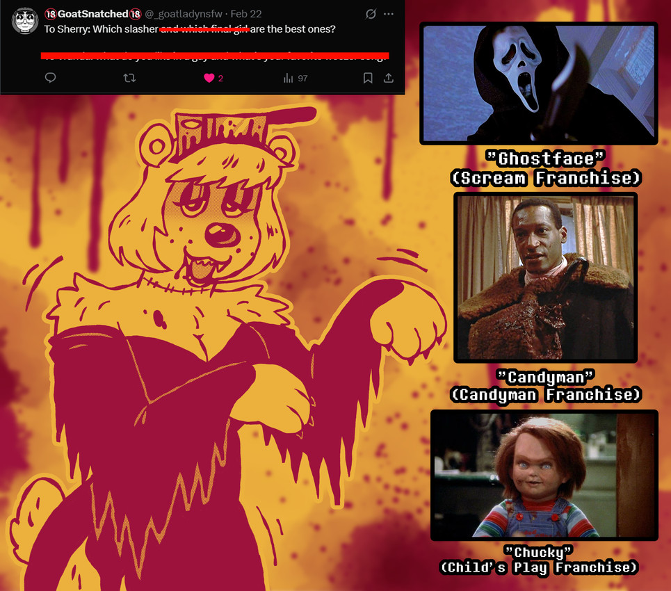 chucky, daniel robitaille, ghostface, and sherry bear (candyman (film) and etc) created by blarf022