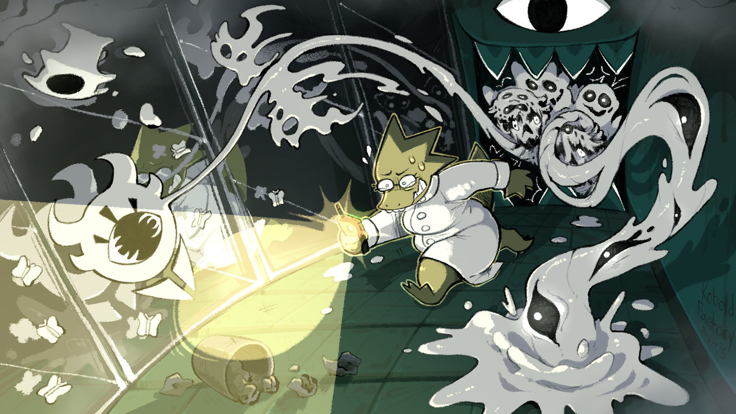 alphys, memoryhead, and reaper bird (undertale (series) and etc) created by kobold factory