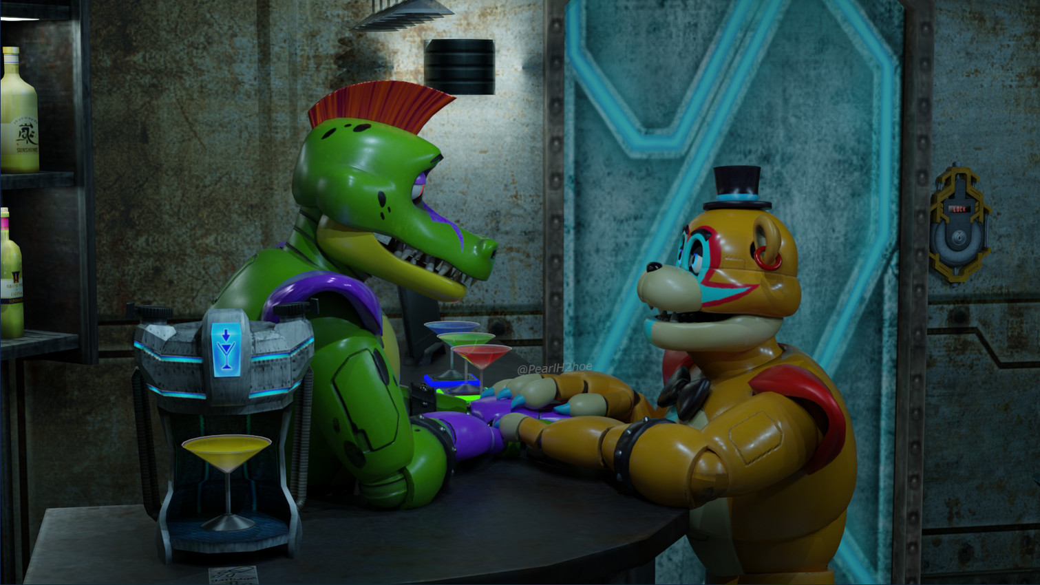 glamrock freddy and montgomery gator (five nights at freddy's: security breach and etc) created by pearlh2hoe